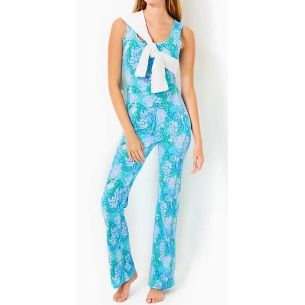 Lilly Pulitzer Luxletic  Carpe Vita Jumpsuit Womens Small Blue Floral Tropical